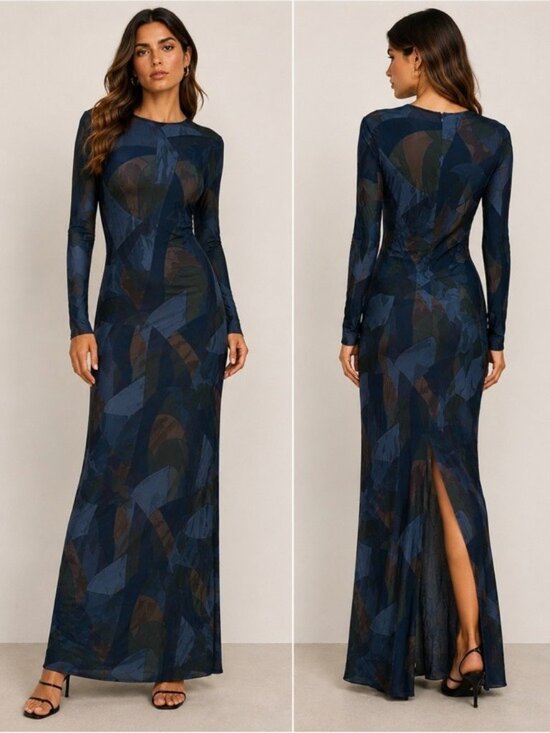 Zara Dresses & Skirts - Zara Blue Green Abstract Print Maxi Dress XL Long Sleeve Viscose Art Deco